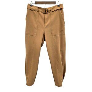 Ophelia Roe Tan Belted Cropped Pants Size 12 Stretch Pockets Work Casual